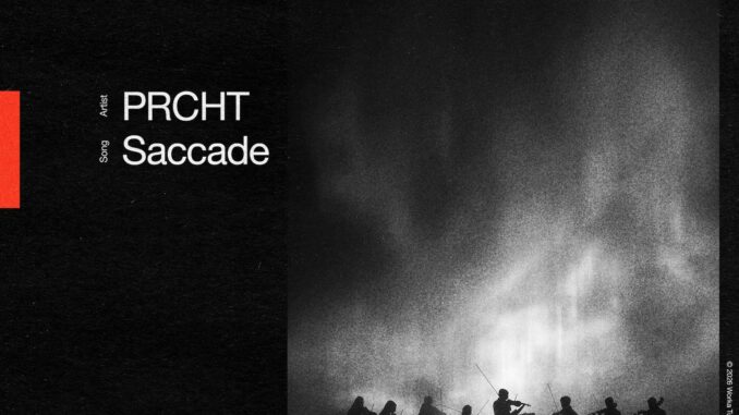 Official album cover artwork for Saccade by PRCHT, black and white illustration with strong contrast